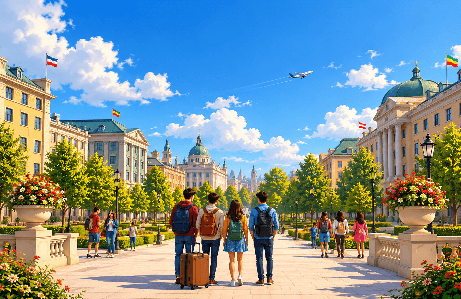 Students with backpacks walking toward a university campus under a bright blue sky
