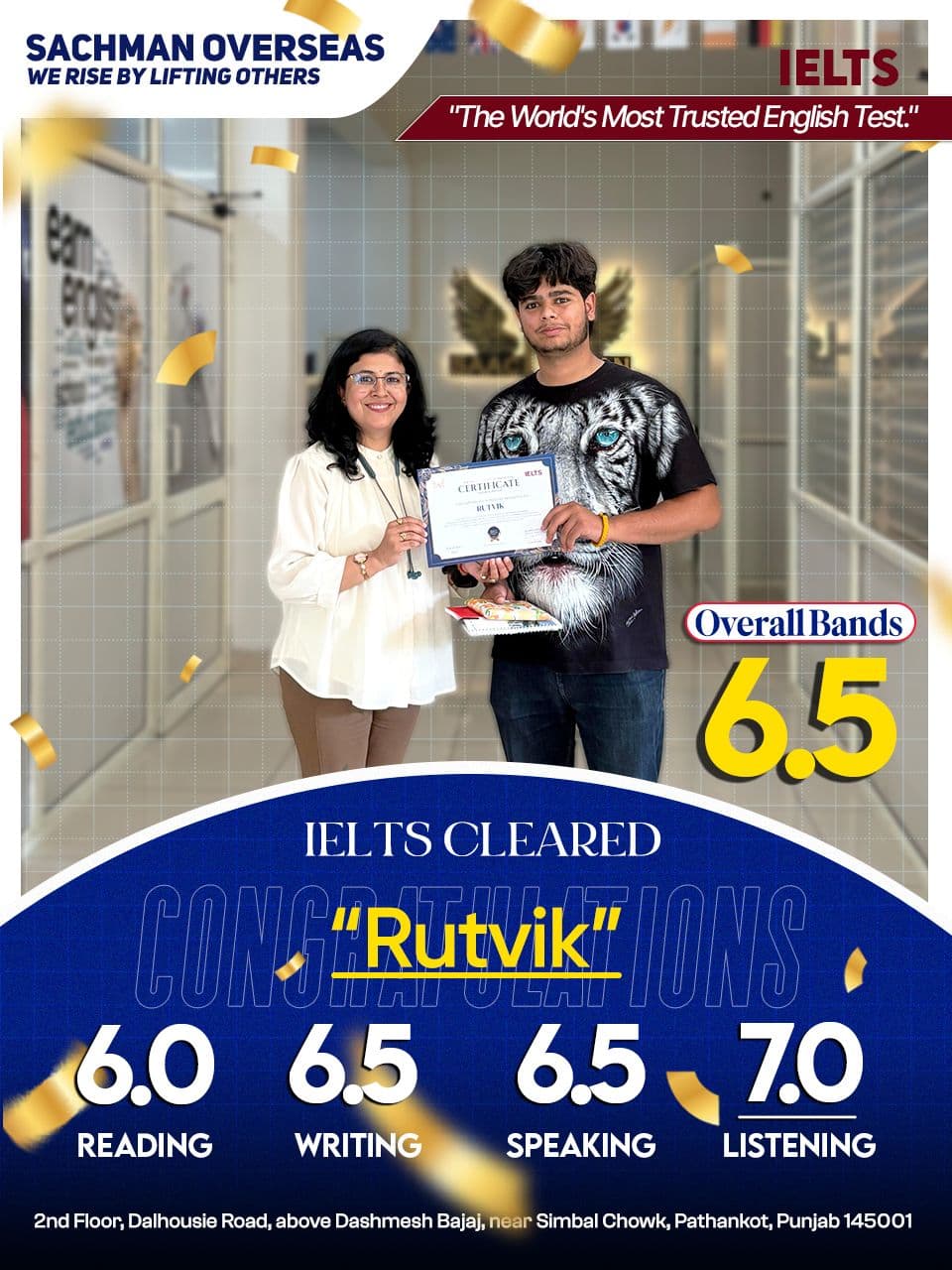 Sachman Institute post: Rutvik cleared IELTS with an overall 6.5