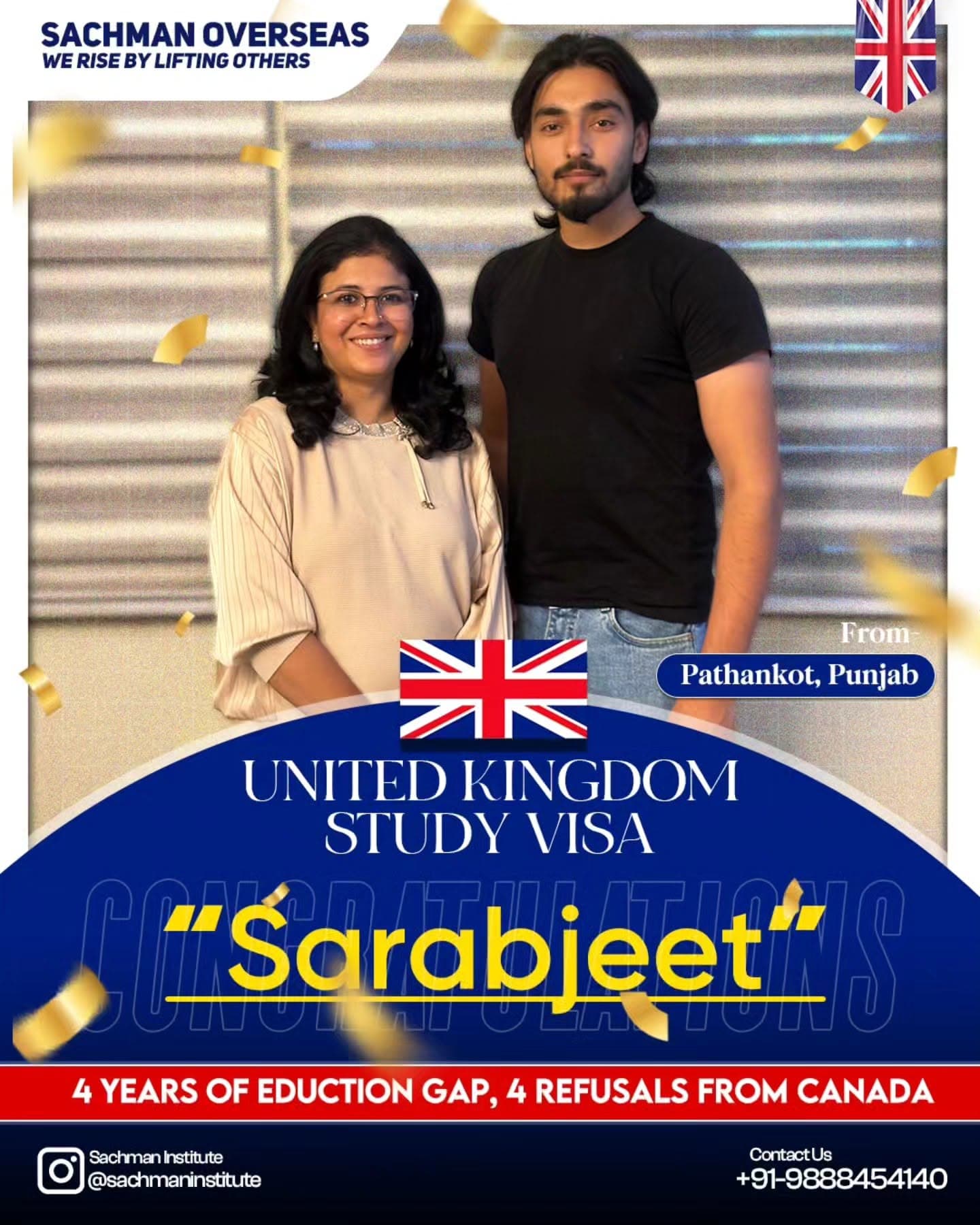 Sachman Institute post: UK study visa approved for Sarabjeet from Pathankot