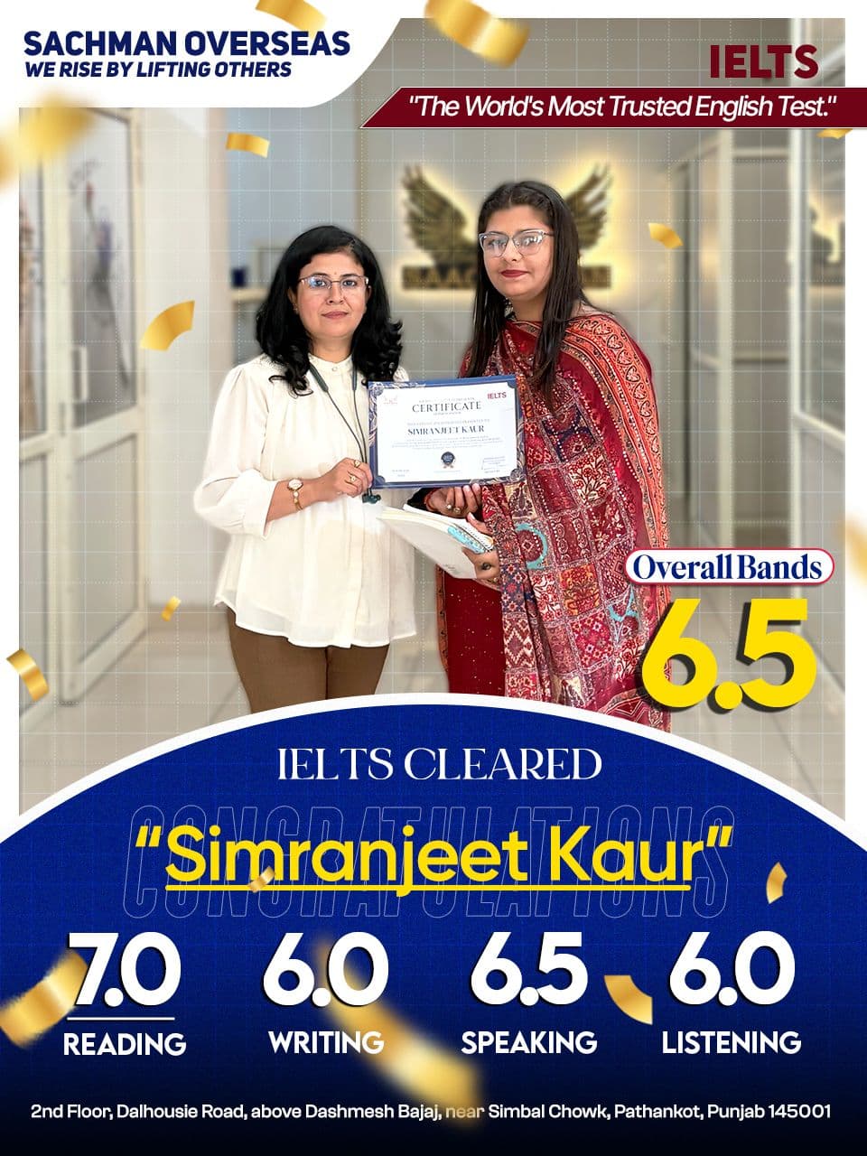 Sachman Institute post: Simranjeet Kaur cleared IELTS with an overall 6.5