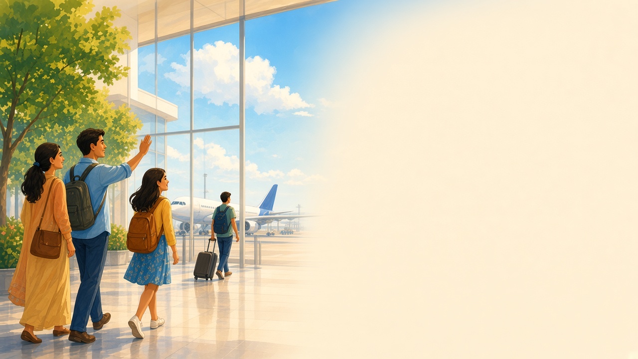 A family waving off their daughter at the airport